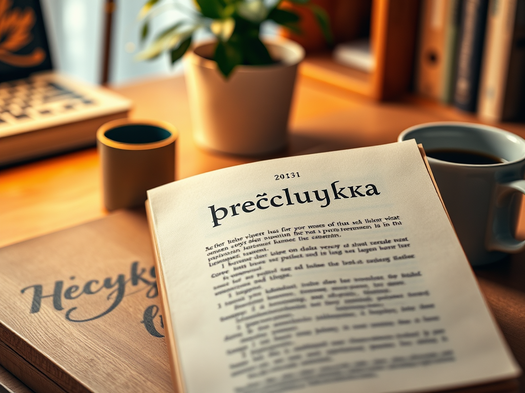 На столе открытая книга с текстом, чашка кофе и зеленое растение в горшке. Стильный и уютный интерьер.
