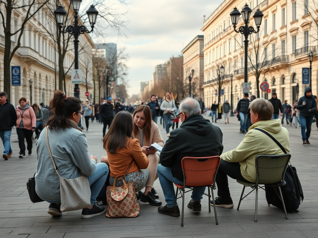 На улице группа людей сидит на стульях, беседуя, вокруг прохожие и здания.