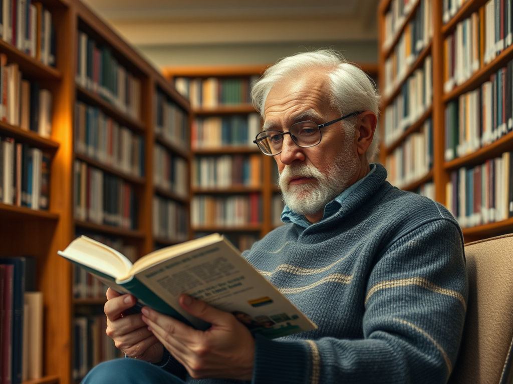 Старший мужчина читает книгу в библиотеке, окружённой полками с книгами.